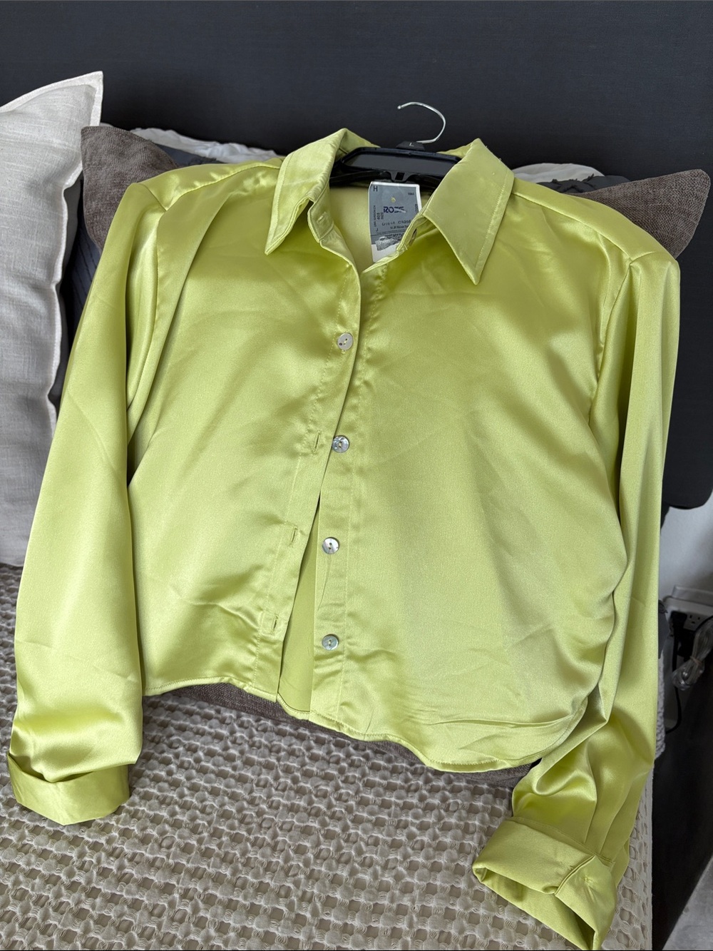 Satin Lime Green Crop Button-Down Top